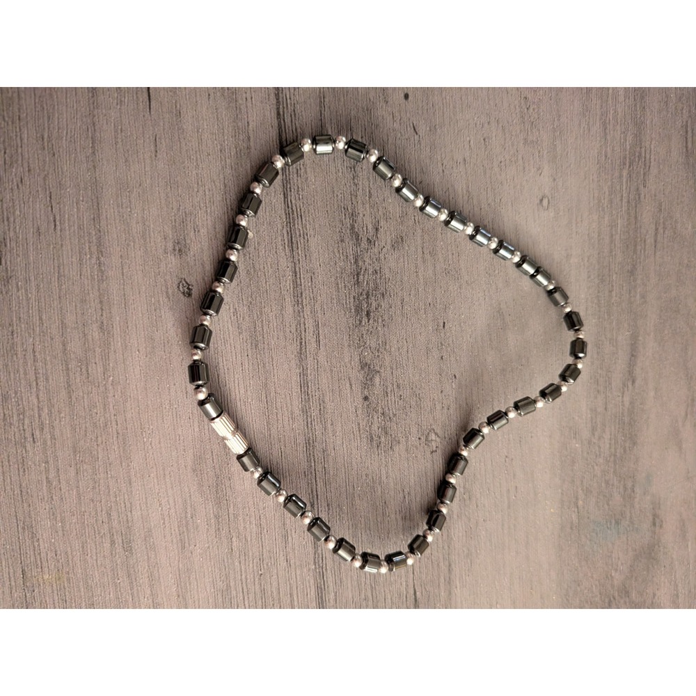 Polished Hematite Beaded Necklace Silver Tone Accents Barrel Clasp Minimalist